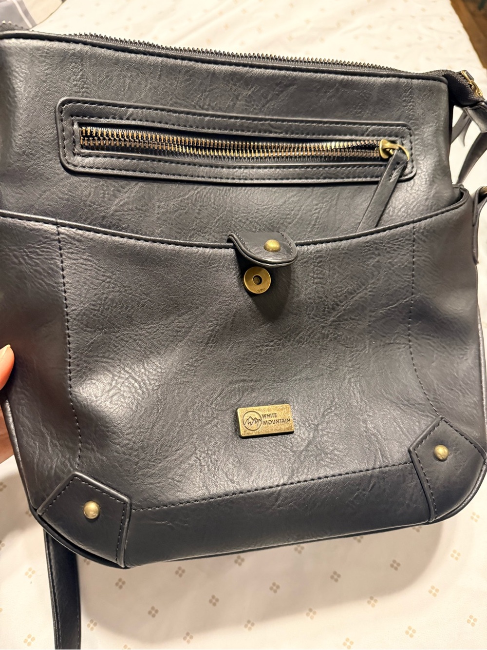 White Mountain Black Faux Leather Messenger Crossbody Bag with Brass Accents